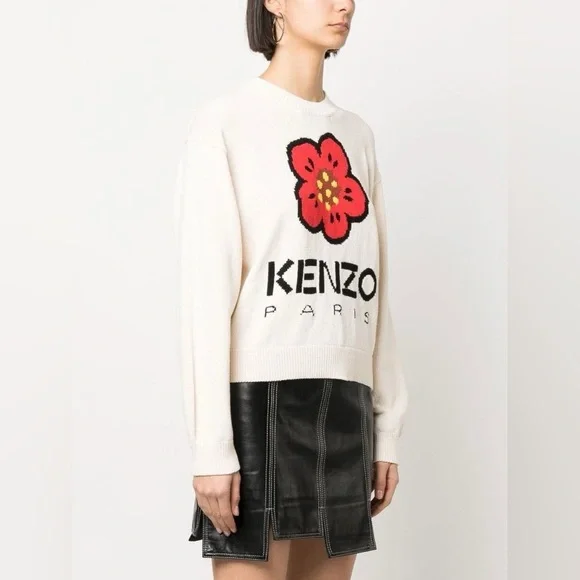KENZO Logo Comfort Wool Sweater In White Size M